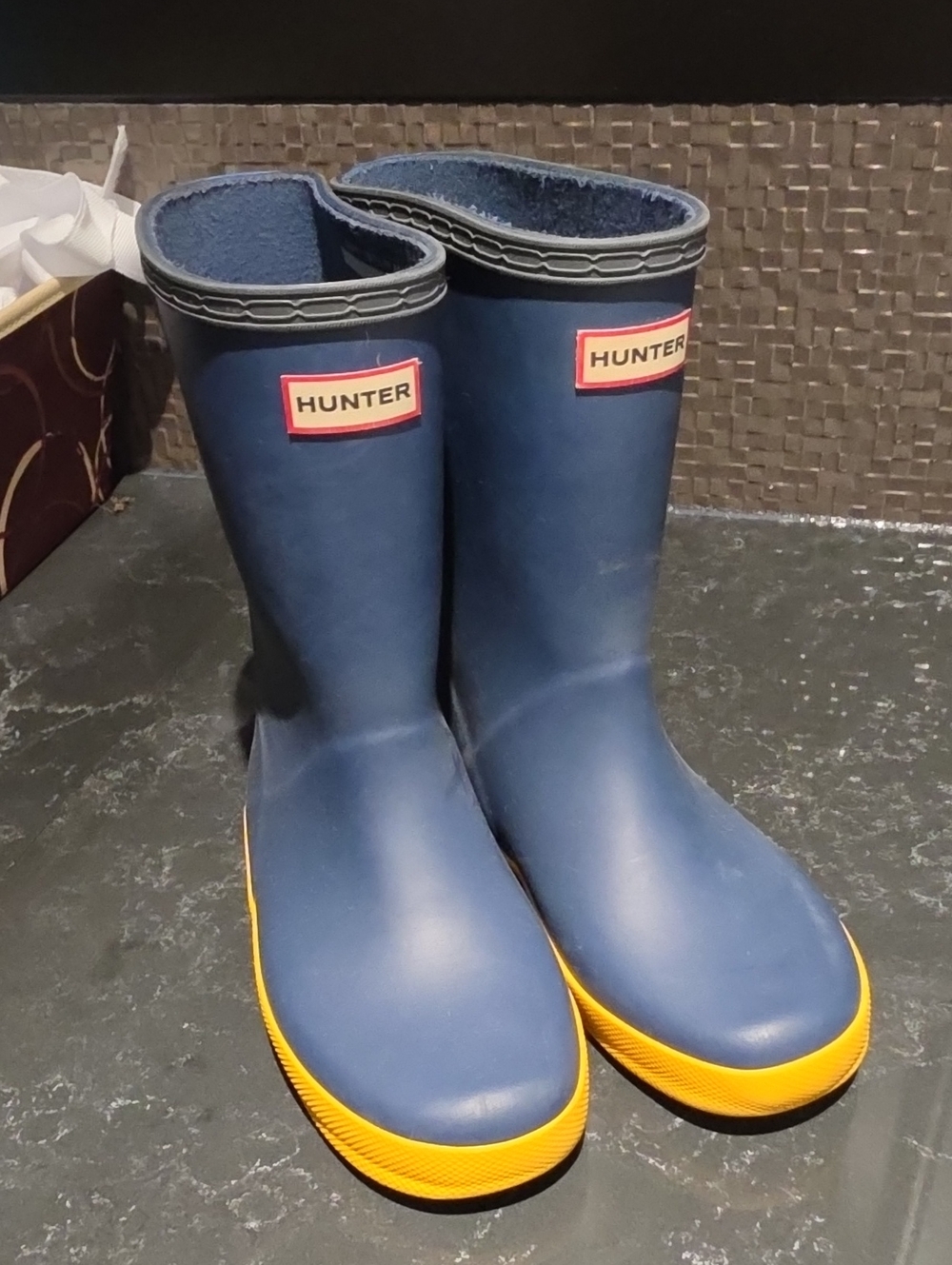 Hunter Kids Navy and Yellow Rain Boots